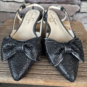 Jessica Simpson Womens Black Silver Bow Glitter Rhinestone Slingback Flat - 7.5